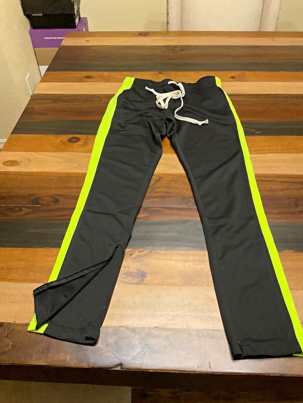 EPTM Men’s S Black Track Pants Green Side Stripe Drawstring Pockets